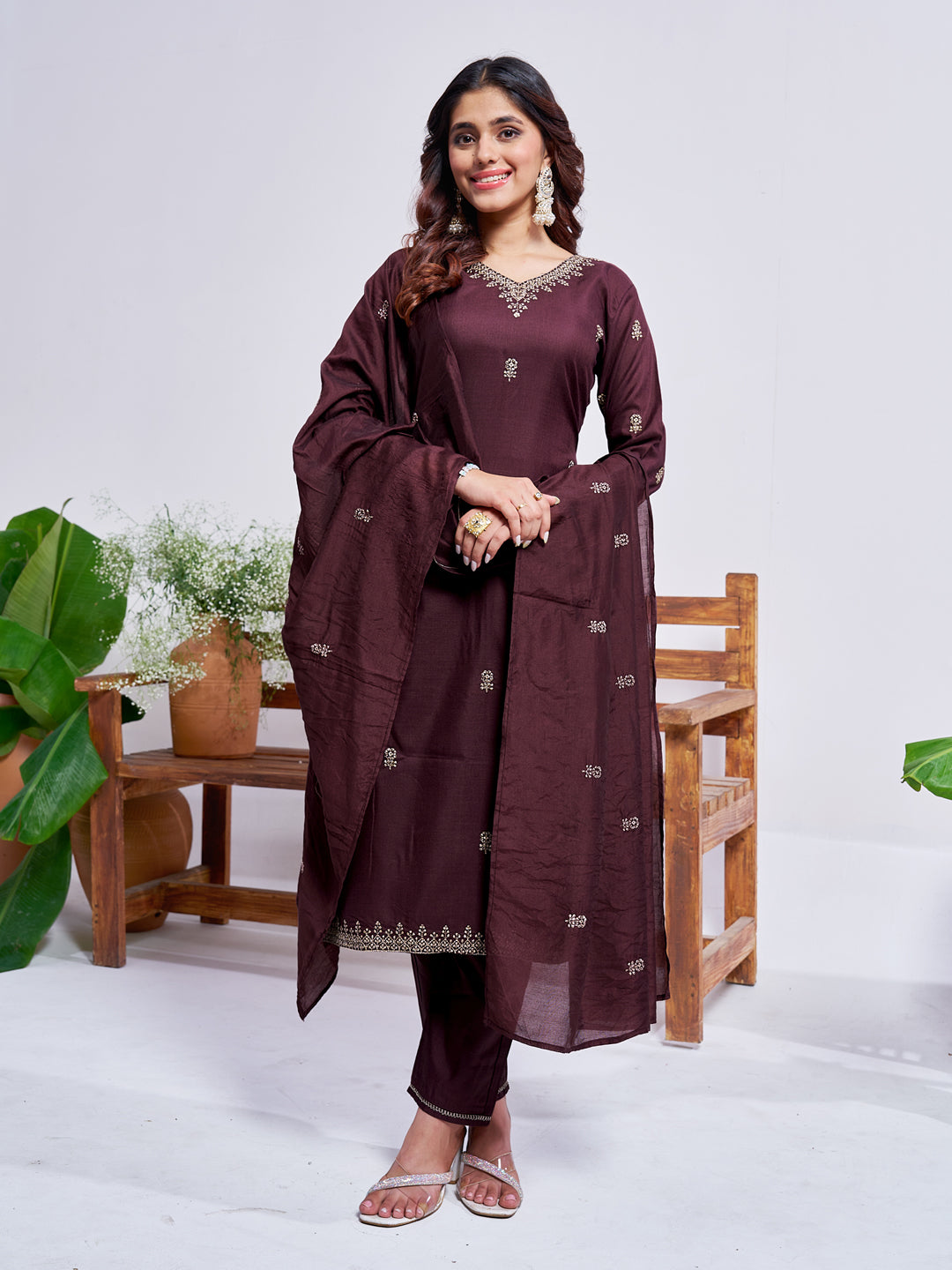 Jyoti Fashion Women's Coffee Rayon Embroidered Designer Kurta Set with Dupatta - Swadesiicart