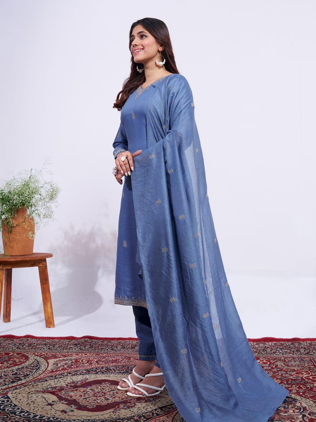 Jyoti Fashion Women's Denim Blue Rayon Embroidered Designer Kurta Set with Dupatta - Swadesiicart