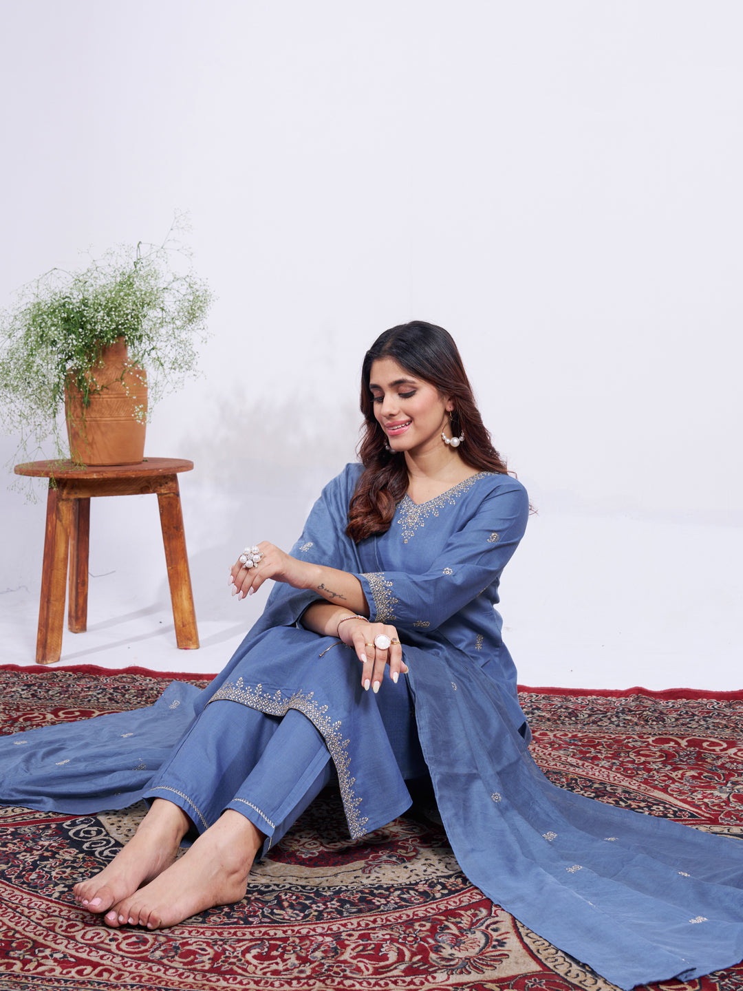 Jyoti Fashion Women's Denim Blue Rayon Embroidered Designer Kurta Set with Dupatta - Swadesiicart
