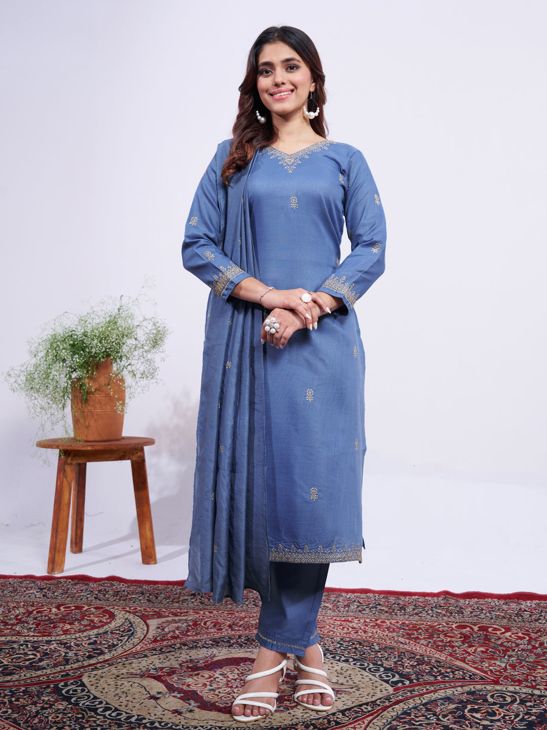 Jyoti Fashion Women's Denim Blue Rayon Embroidered Designer Kurta Set with Dupatta - Swadesiicart