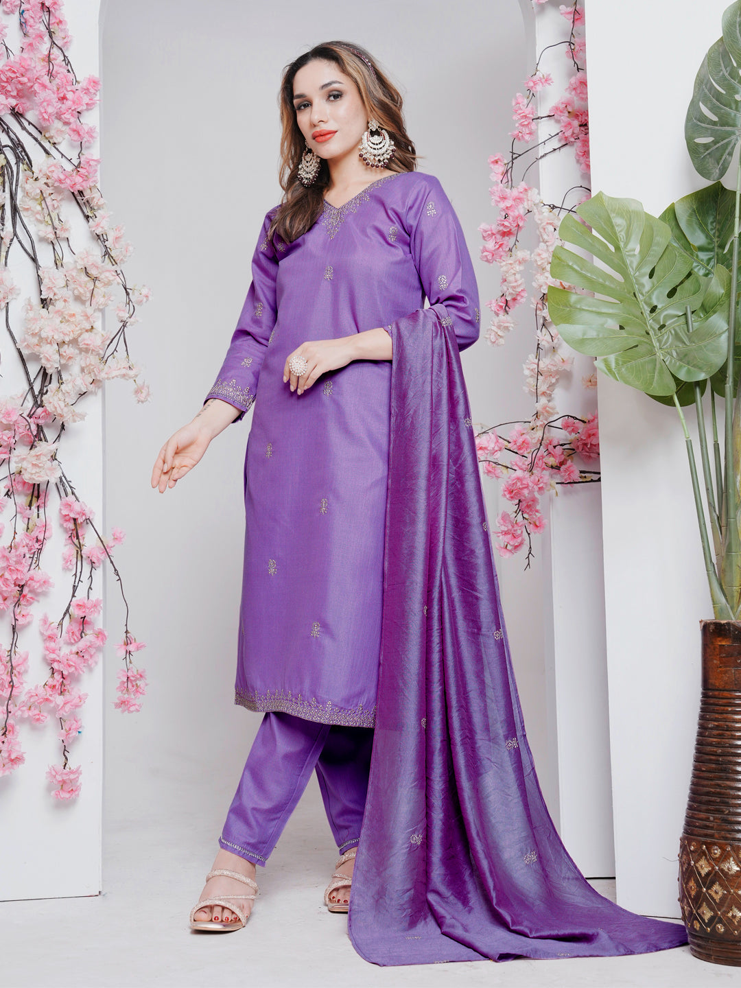 Jyoti Fashion Women's Lavender Rayon Embroidered Designer Kurta Set with Dupatta - Swadesiicart