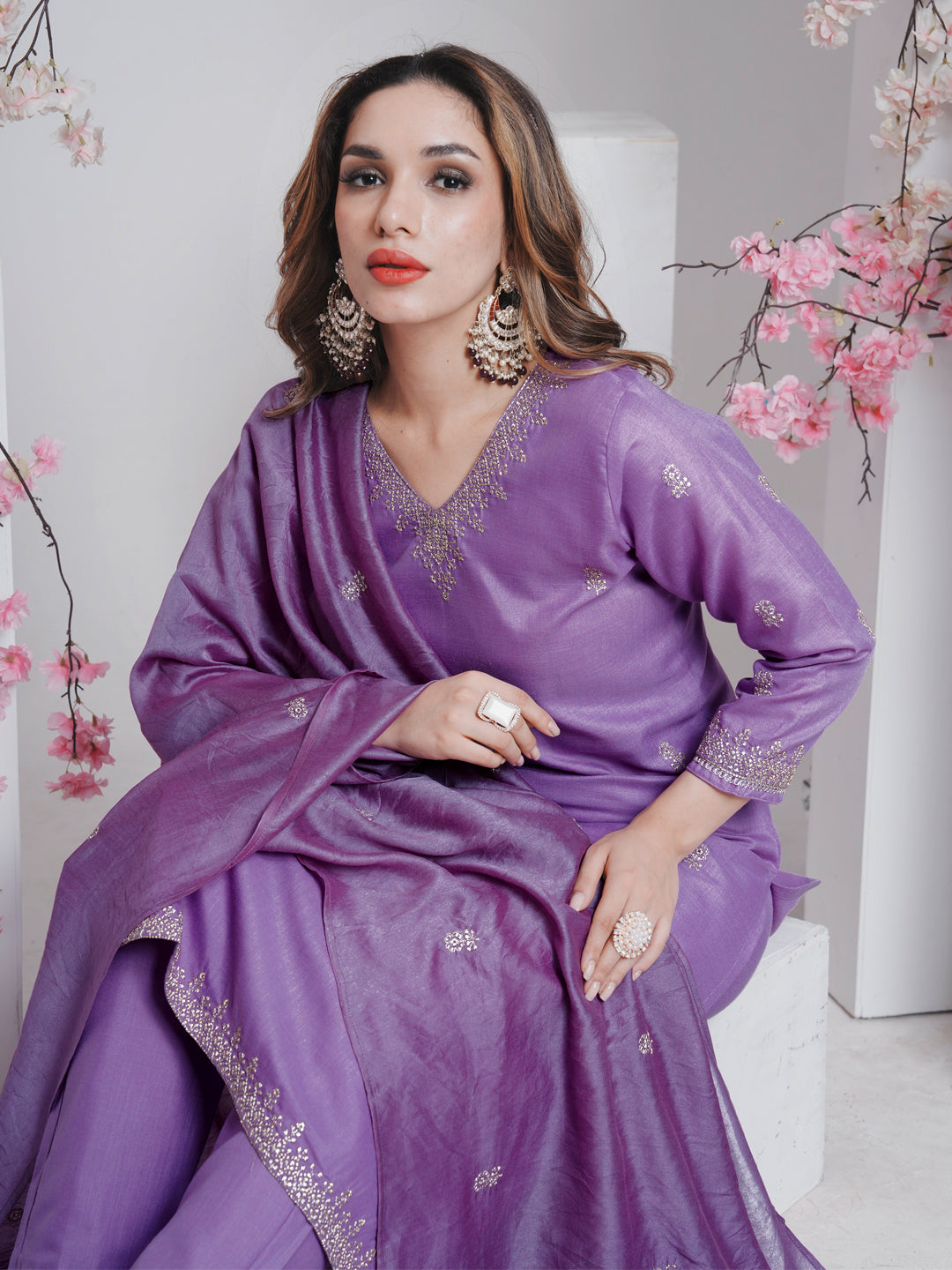 Jyoti Fashion Women's Lavender Rayon Embroidered Designer Kurta Set with Dupatta - Swadesiicart