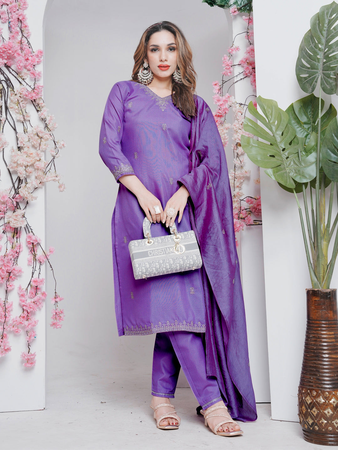 Jyoti Fashion Women's Lavender Rayon Embroidered Designer Kurta Set with Dupatta - Swadesiicart