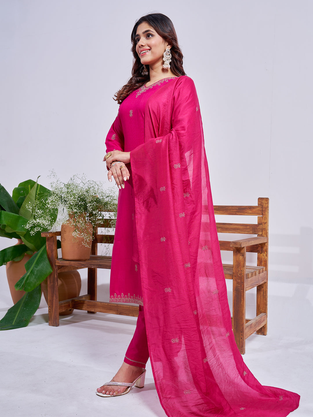 Jyoti Fashion Women's Rani Pink Rayon Embroidered Designer Kurta Set with Dupatta - Swadesiicart