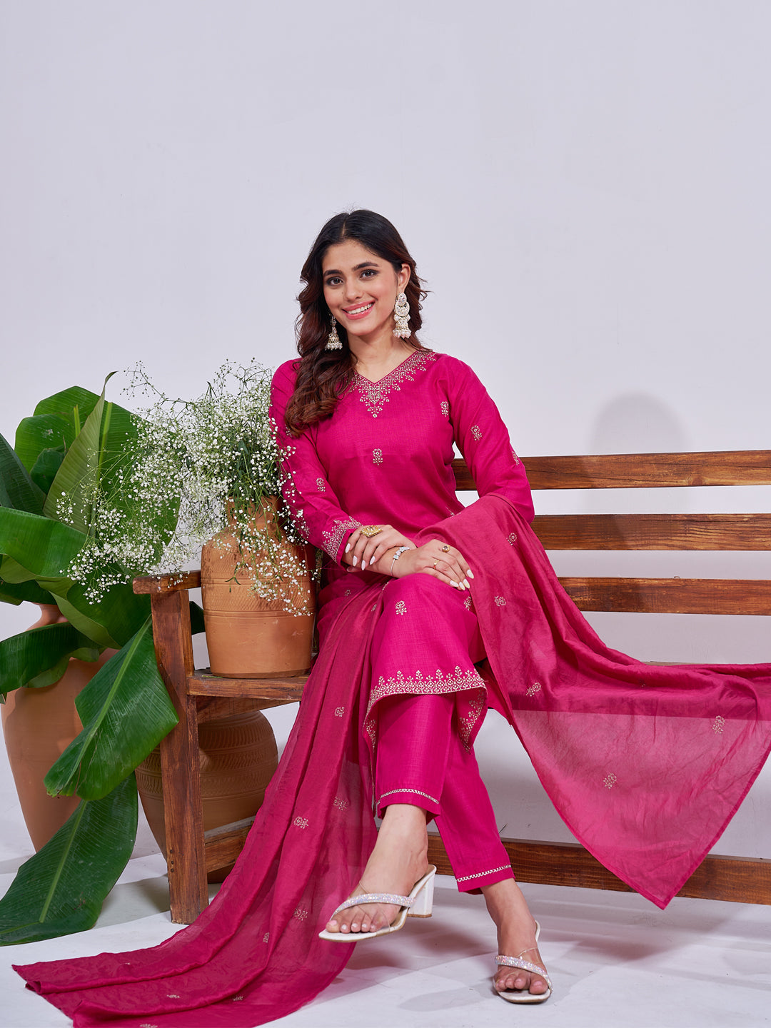 Jyoti Fashion Women's Rani Pink Rayon Embroidered Designer Kurta Set with Dupatta - Swadesiicart
