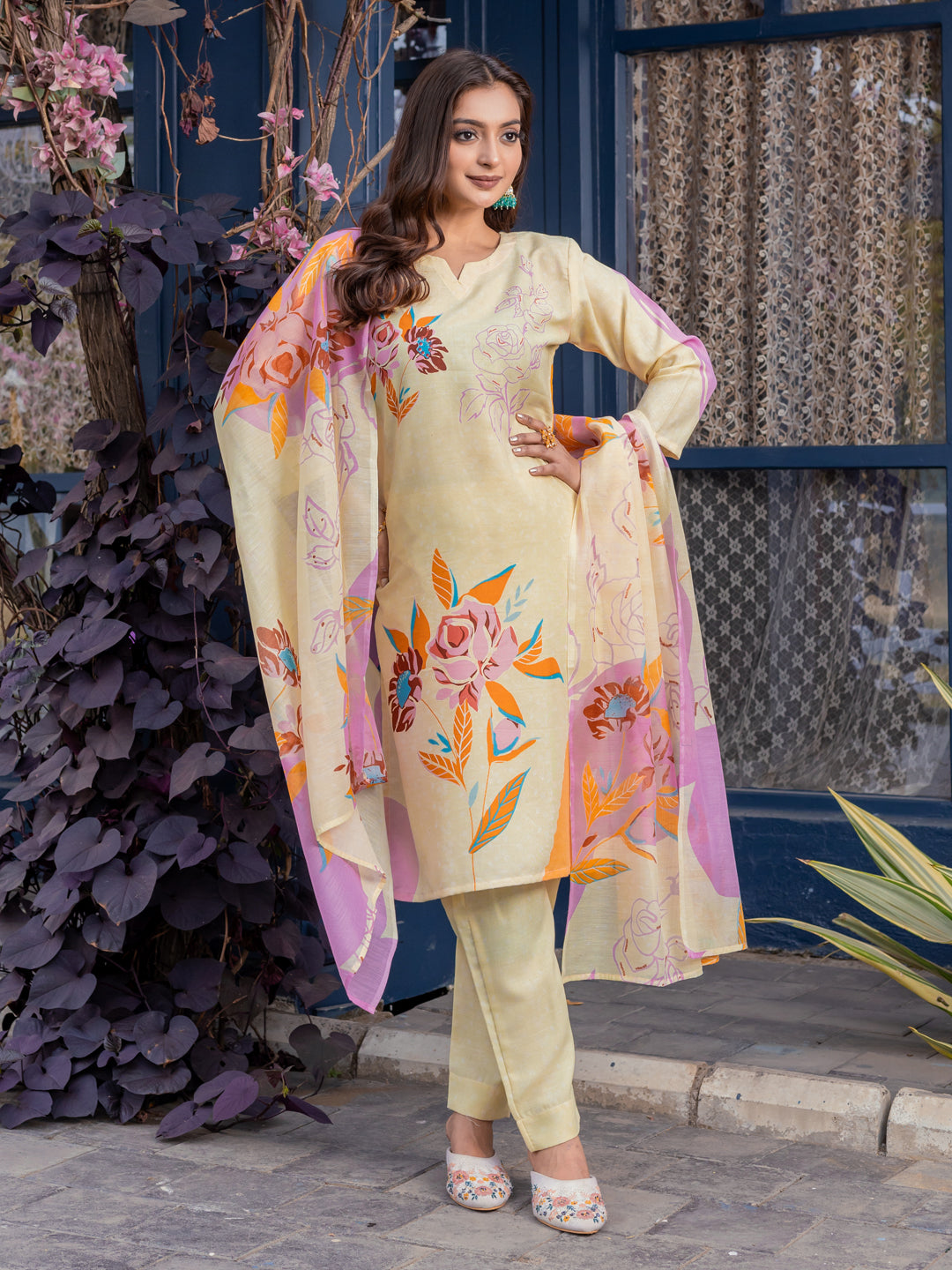 Jyoti Fashion Women's Cream Cotton Blend Printed Designer Kurta Set with Dupatta - Swadesiicart