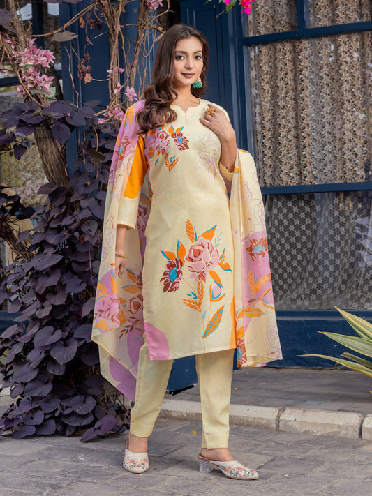 Jyoti Fashion Women's Cream Cotton Blend Printed Designer Kurta Set with Dupatta - Swadesiicart