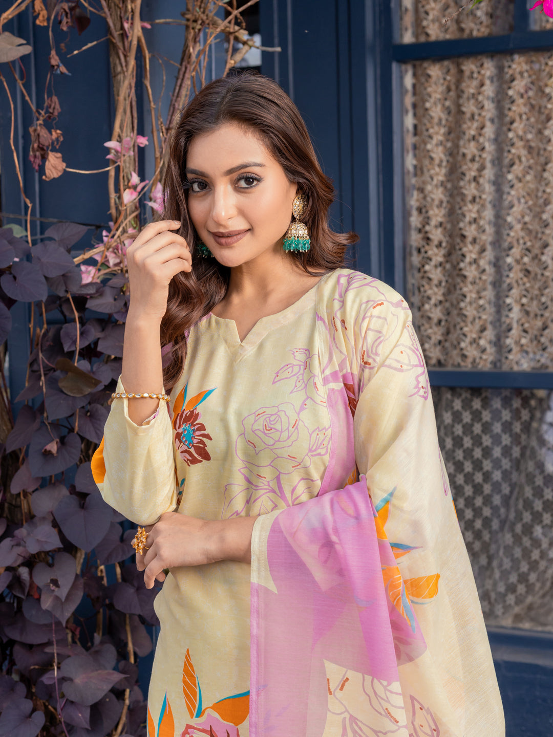 Jyoti Fashion Women's Cream Cotton Blend Printed Designer Kurta Set with Dupatta - Swadesiicart