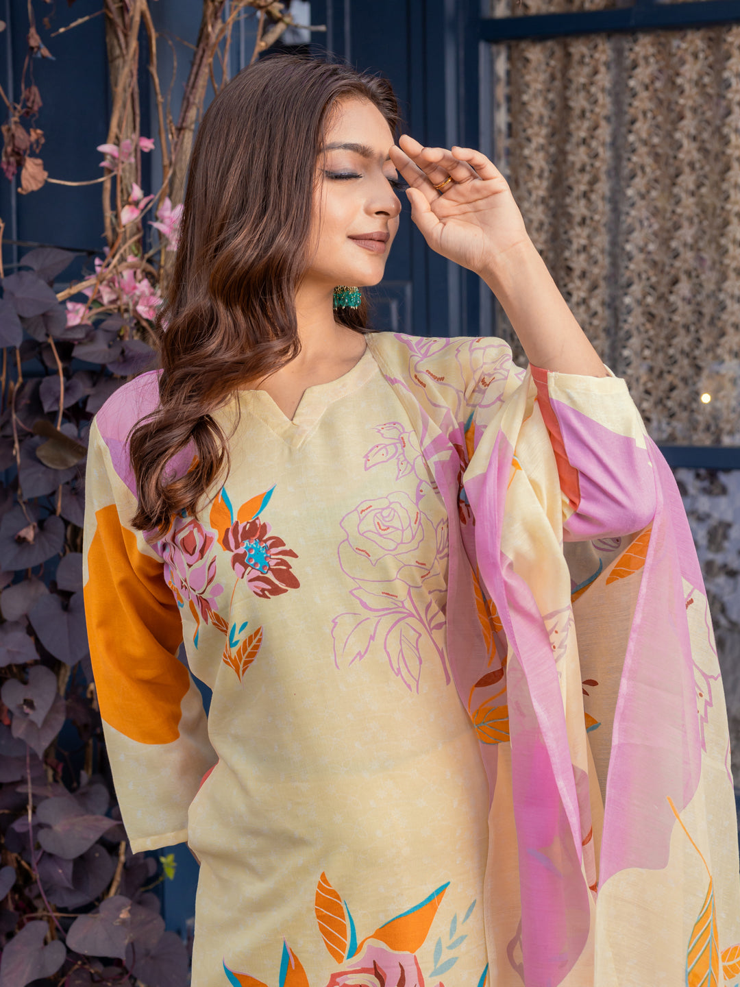Jyoti Fashion Women's Cream Cotton Blend Printed Designer Kurta Set with Dupatta - Swadesiicart
