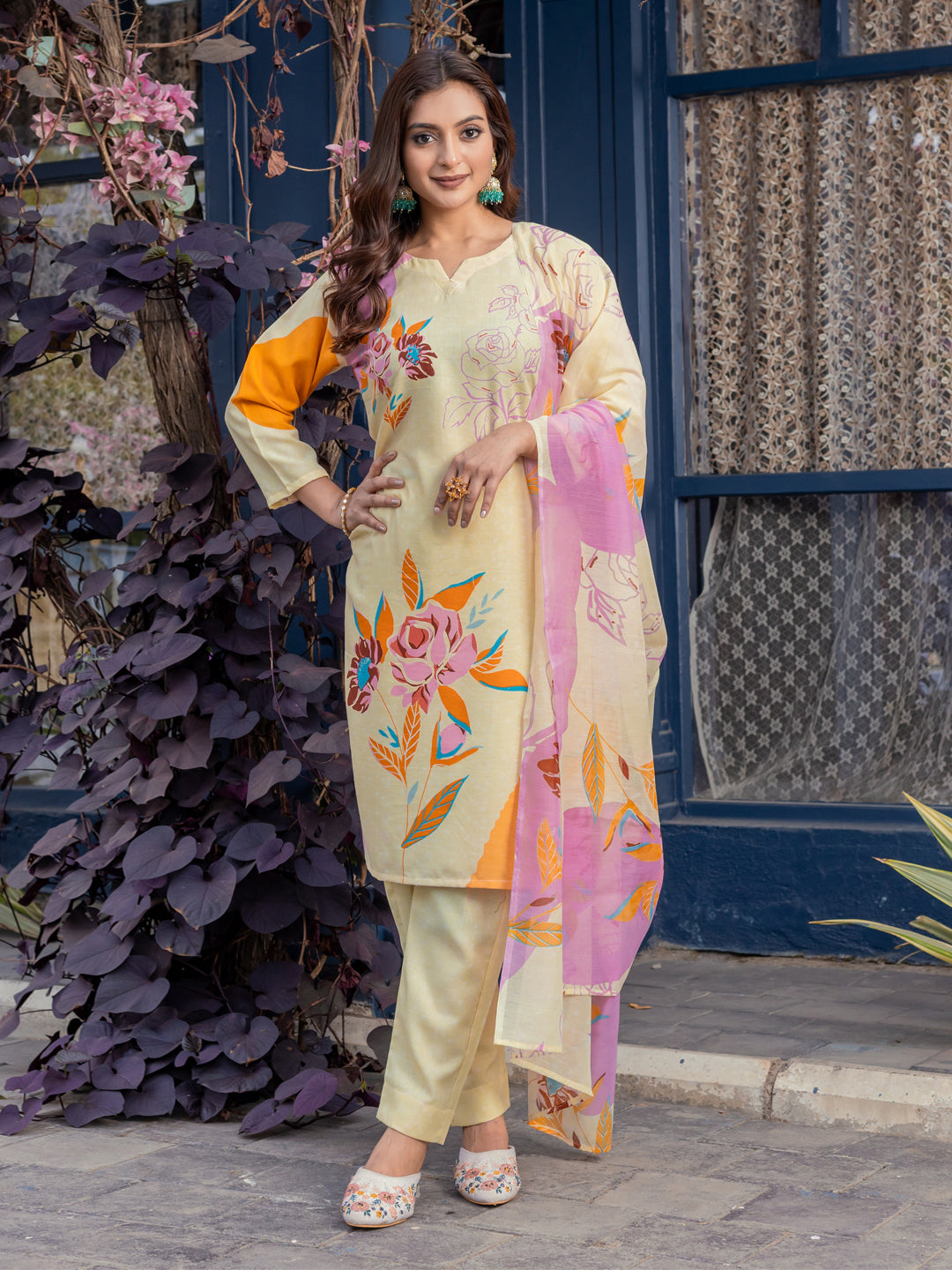 Jyoti Fashion Women's Cream Cotton Blend Printed Designer Kurta Set with Dupatta - Swadesiicart