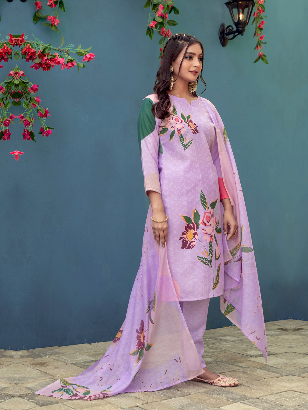 Jyoti Fashion Women's Lavender Cotton Blend Printed Designer Kurta Set with Dupatta - Swadesiicart
