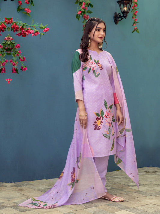 Jyoti Fashion Women's Lavender Cotton Blend Printed Designer Kurta Set with Dupatta - Swadesiicart