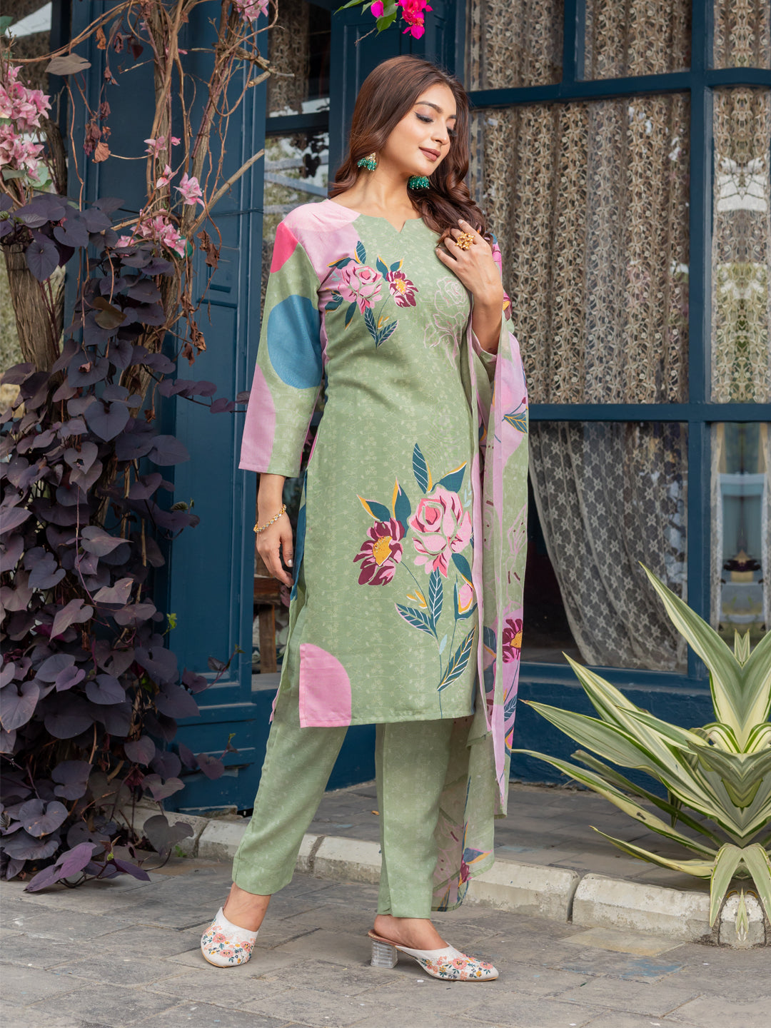 Jyoti Fashion Women's Mehendi Cotton Blend Printed Designer Kurta Set with Dupatta - Swadesiicart