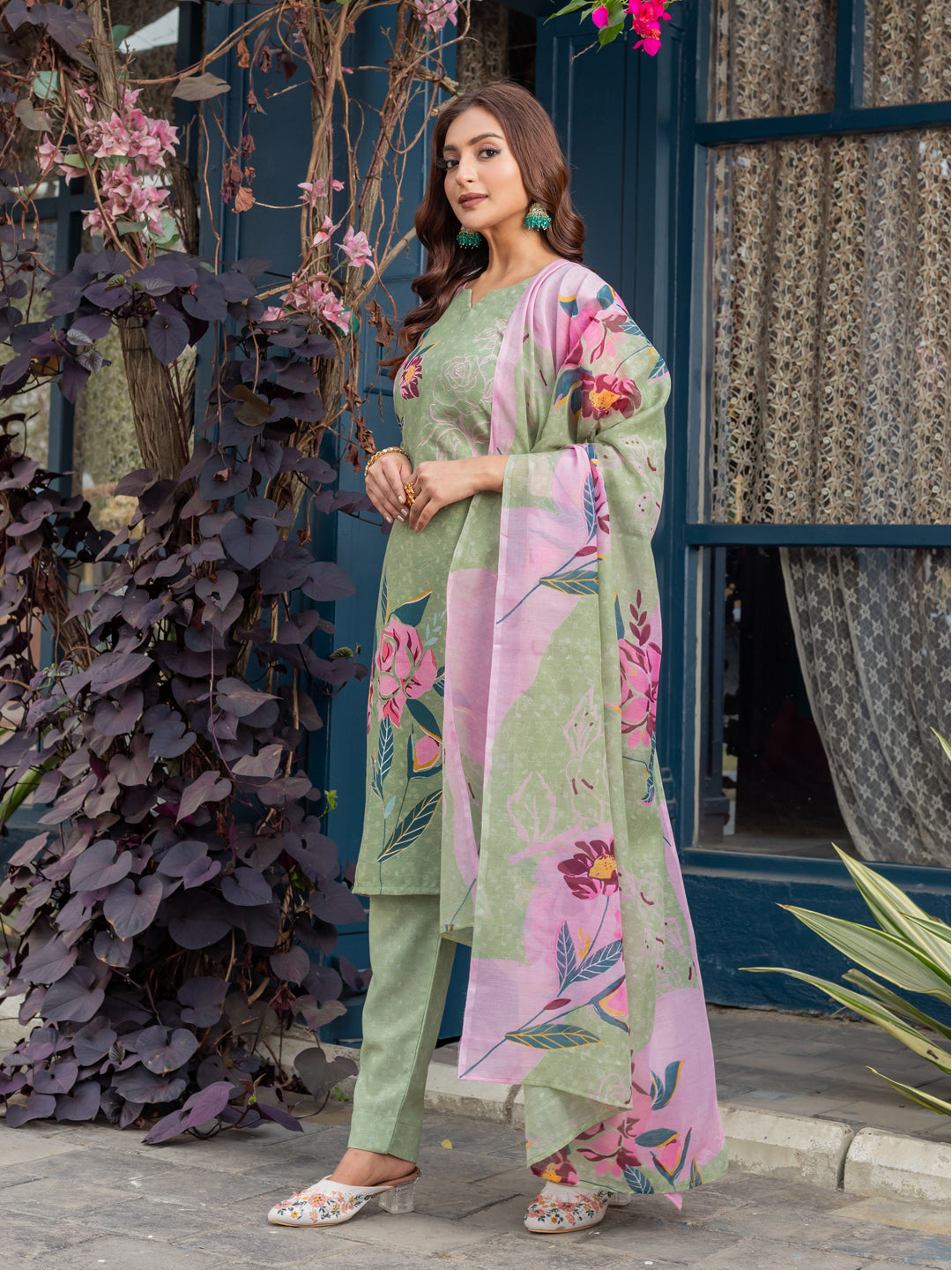 Jyoti Fashion Women's Mehendi Cotton Blend Printed Designer Kurta Set with Dupatta - Swadesiicart