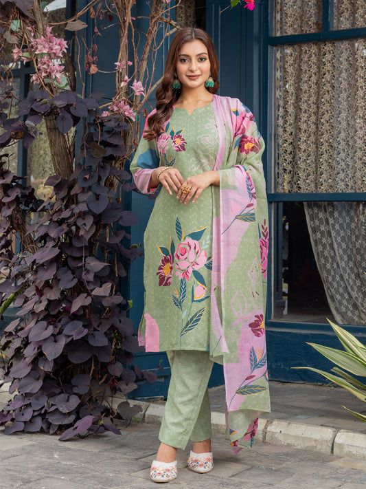 Jyoti Fashion Women's Mehendi Cotton Blend Printed Designer Kurta Set with Dupatta - Swadesiicart