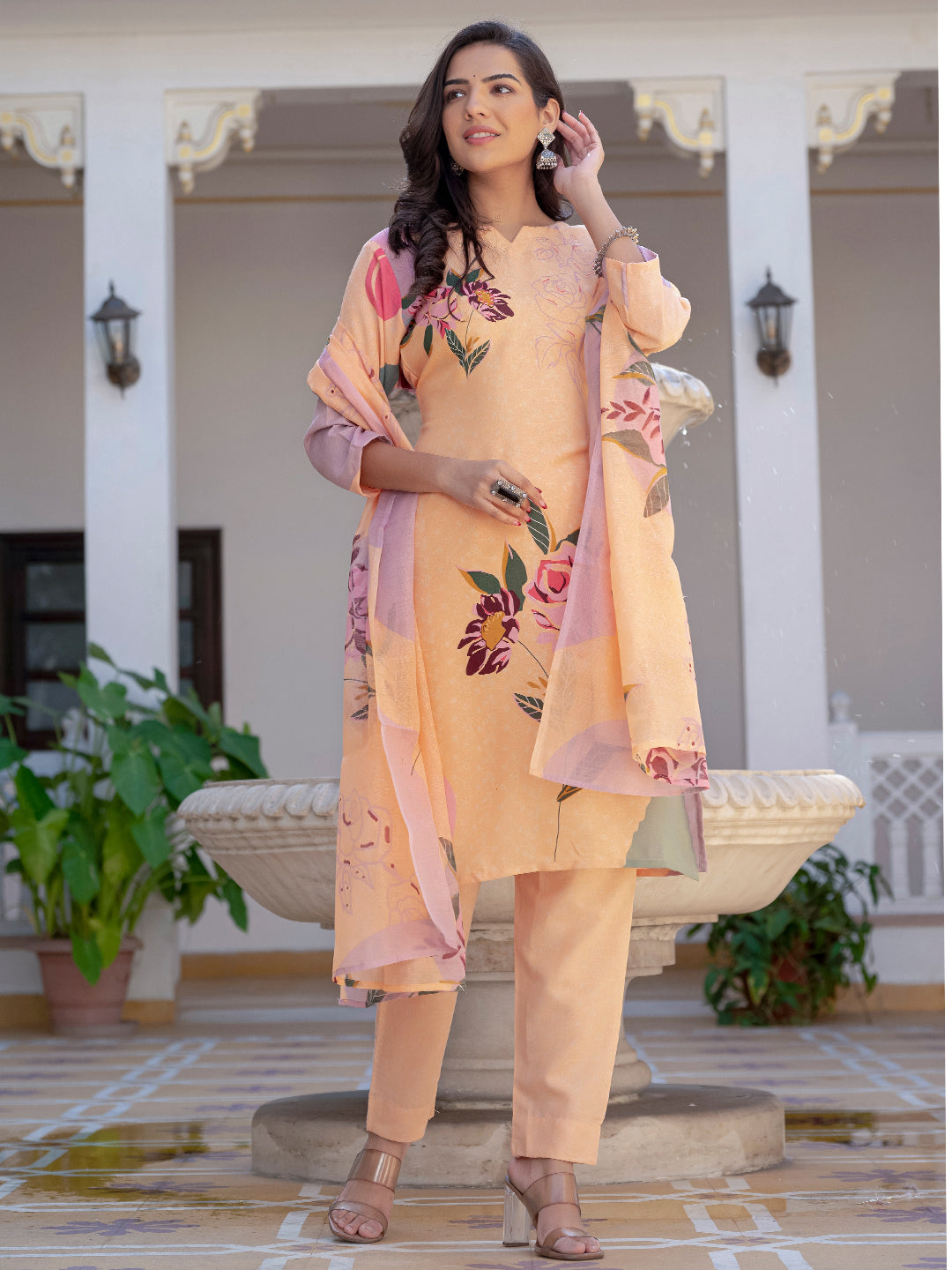 Jyoti Fashion Women's Orange Cotton Blend Printed Designer Kurta Set with Dupatta - Swadesiicart