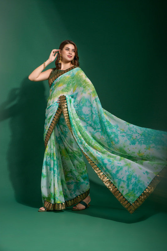 Jyoti Fashion Women's Sea Green Sequence Embroidery Chiffon Saree with Blouse | Swadesiicart