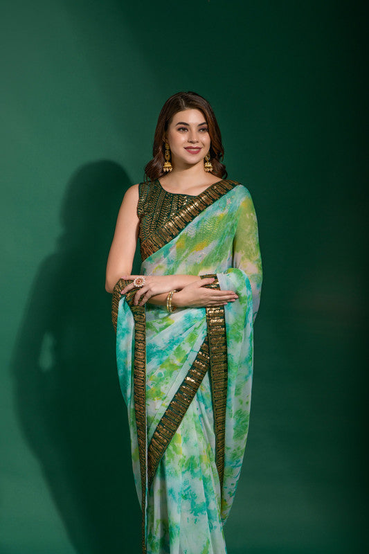 Jyoti Fashion Women's Sea Green Sequence Embroidery Chiffon Saree with Blouse | Swadesiicart