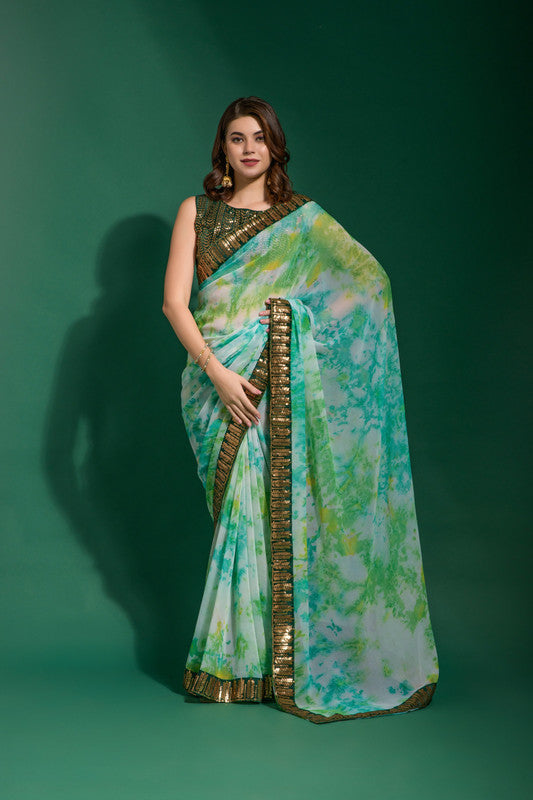 Jyoti Fashion Women's Sea Green Sequence Embroidery Chiffon Saree with Blouse | Swadesiicart