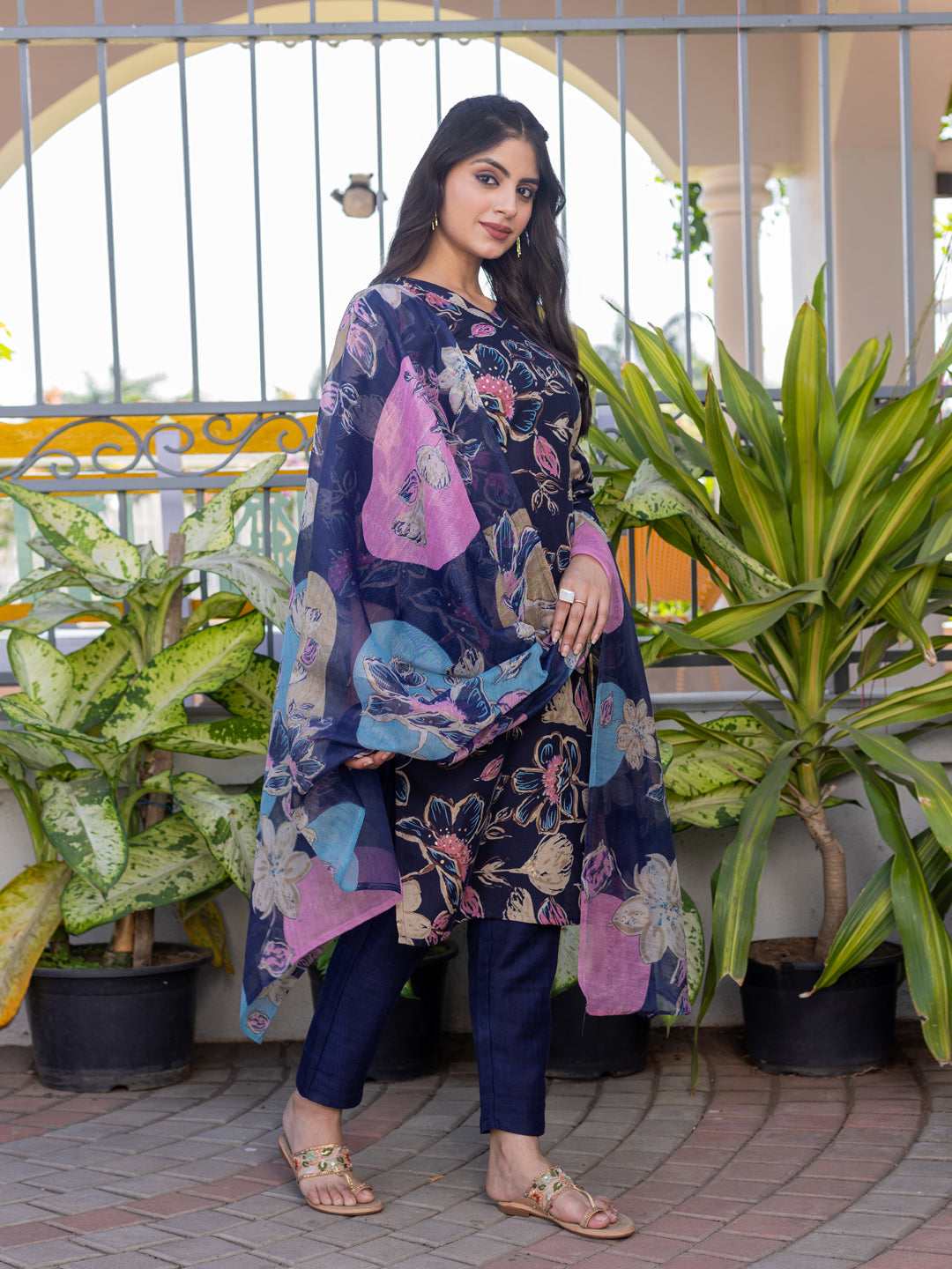 Jyoti Fashion Women's Navy Blue Cotton Blend Printed Designer Kurta Set with Dupatta - Swadesiicart