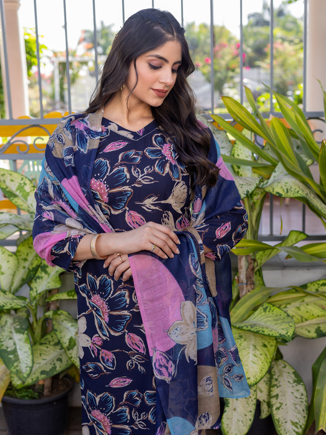 Jyoti Fashion Women's Navy Blue Cotton Blend Printed Designer Kurta Set with Dupatta - Swadesiicart