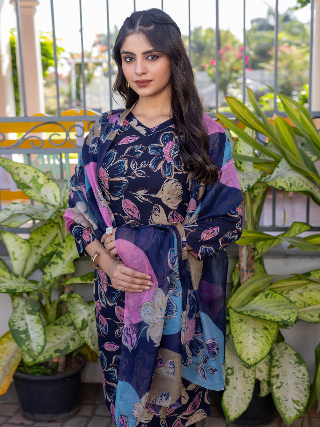 Jyoti Fashion Women's Navy Blue Cotton Blend Printed Designer Kurta Set with Dupatta - Swadesiicart