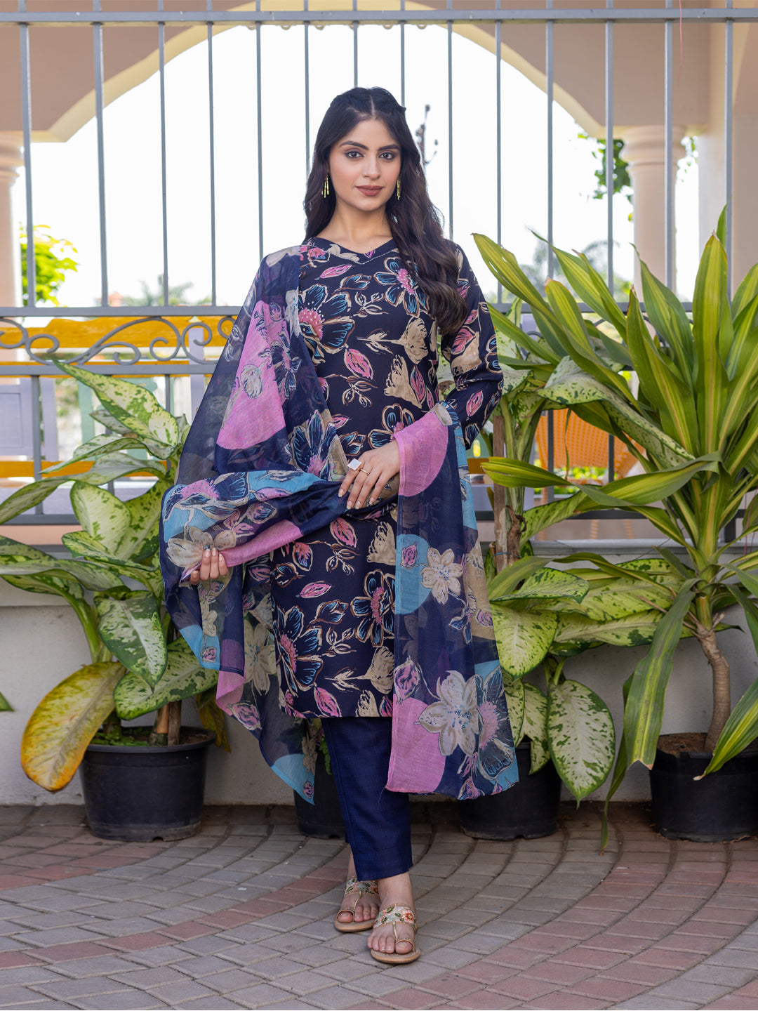 Jyoti Fashion Women's Navy Blue Cotton Blend Printed Designer Kurta Set with Dupatta - Swadesiicart