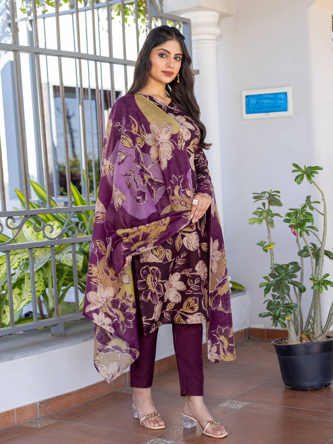 Jyoti Fashion Women's Purple Cotton Blend Printed Designer Kurta Set with Dupatta - Swadesiicart