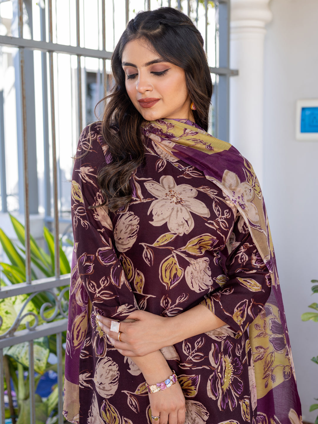 Jyoti Fashion Women's Purple Cotton Blend Printed Designer Kurta Set with Dupatta - Swadesiicart