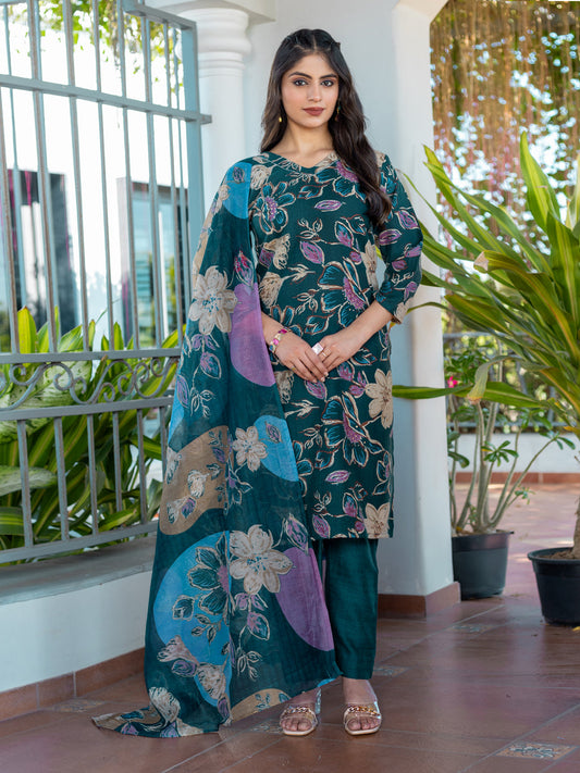 Jyoti Fashion Women's Rama Cotton Blend Printed Designer Kurta Set with Dupatta - Swadesiicart