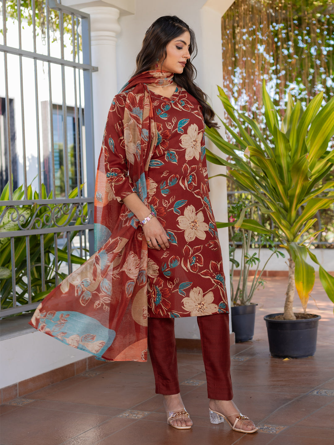 Jyoti Fashion Women's Rust Cotton Blend Printed Designer Kurta Set with Dupatta - Swadesiicart