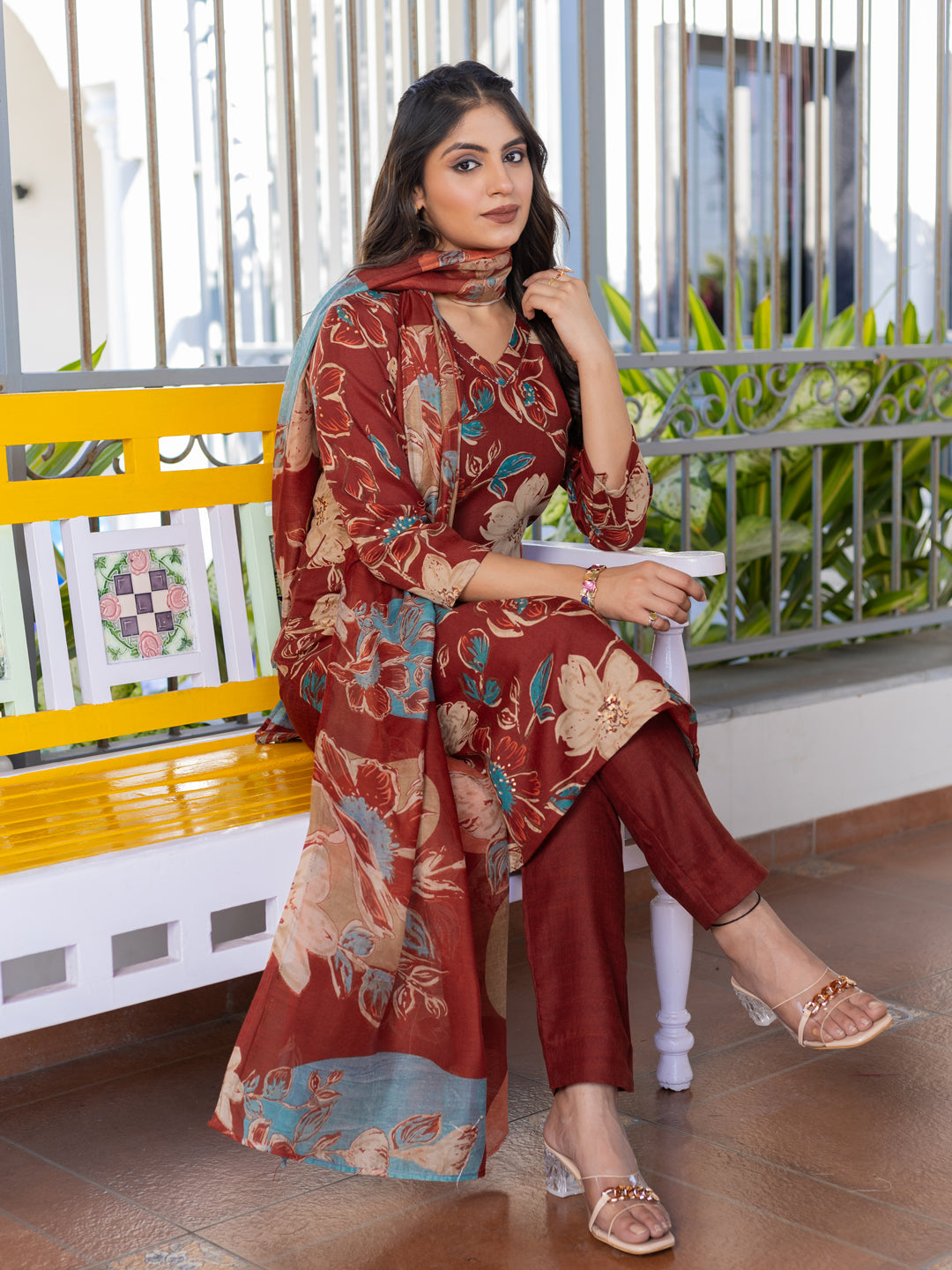 Jyoti Fashion Women's Rust Cotton Blend Printed Designer Kurta Set with Dupatta - Swadesiicart