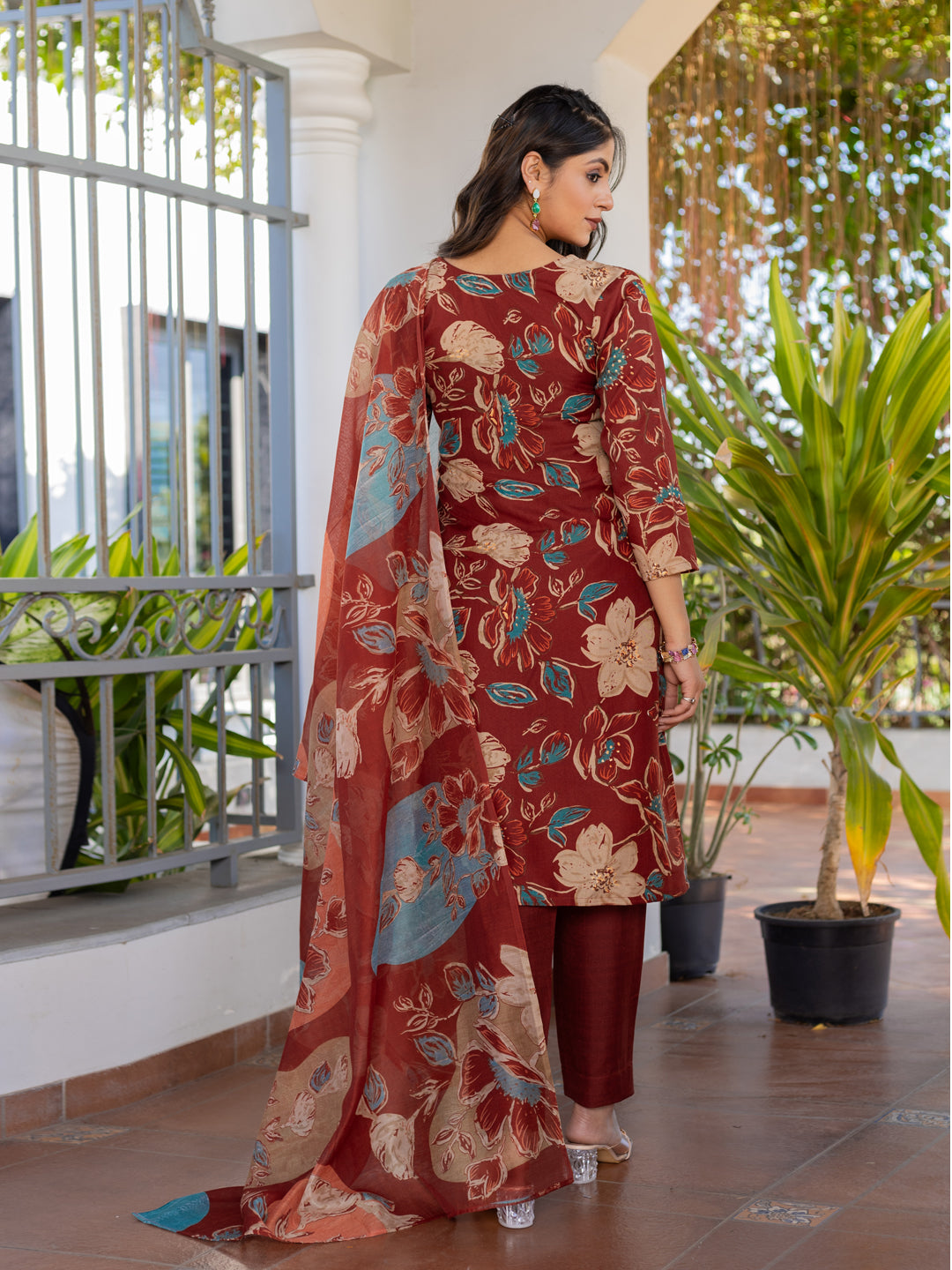 Jyoti Fashion Women's Rust Cotton Blend Printed Designer Kurta Set with Dupatta - Swadesiicart