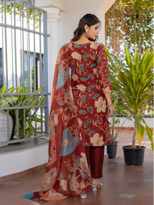 Jyoti Fashion Women's Rust Cotton Blend Printed Designer Kurta Set with Dupatta - Swadesiicart