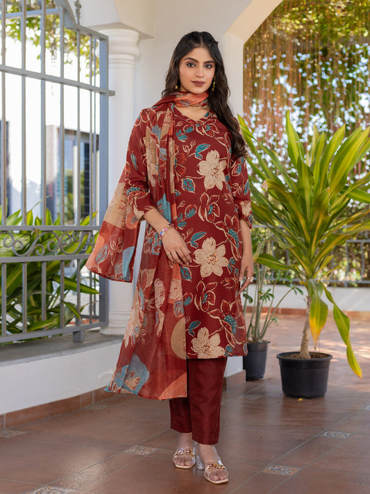 Jyoti Fashion Women's Rust Cotton Blend Printed Designer Kurta Set with Dupatta - Swadesiicart