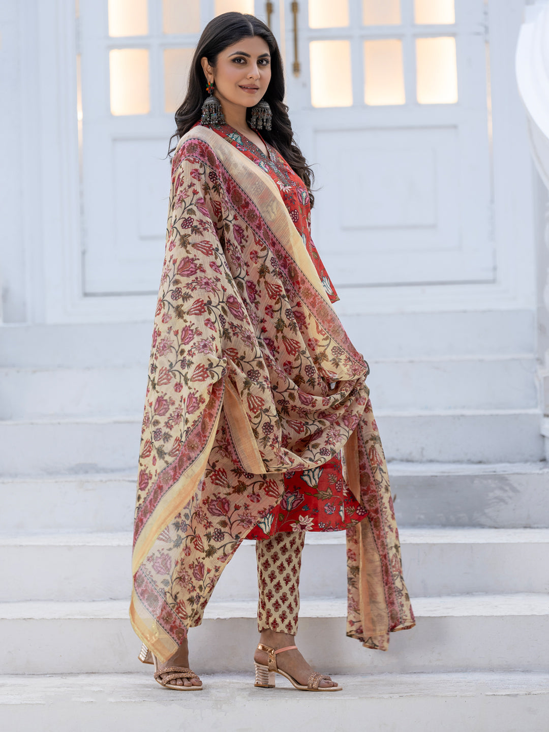 Jyoti Fashion Women's Red Rayon Print with Thread Designer Kurta Set with Dupatta - Swadesiicart