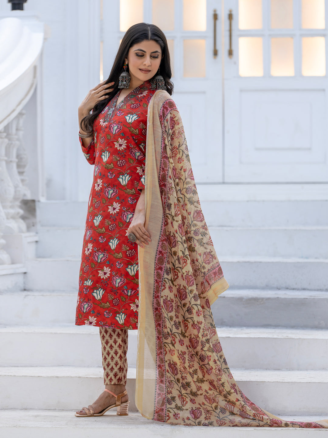 Jyoti Fashion Women's Red Rayon Print with Thread Designer Kurta Set with Dupatta - Swadesiicart