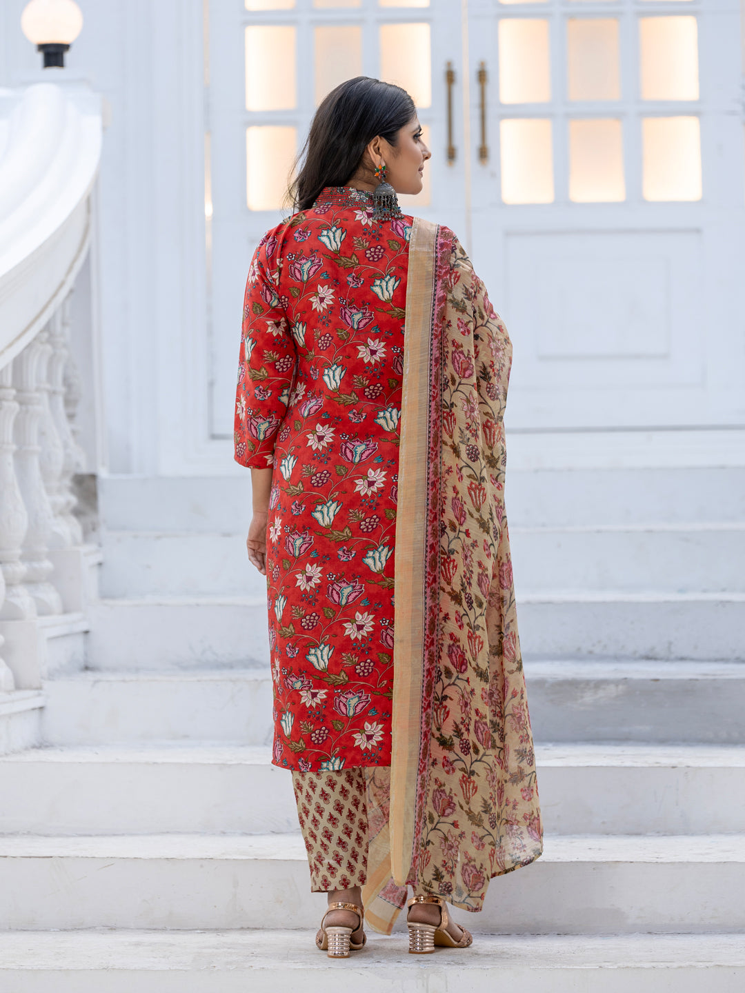 Jyoti Fashion Women's Red Rayon Print with Thread Designer Kurta Set with Dupatta - Swadesiicart