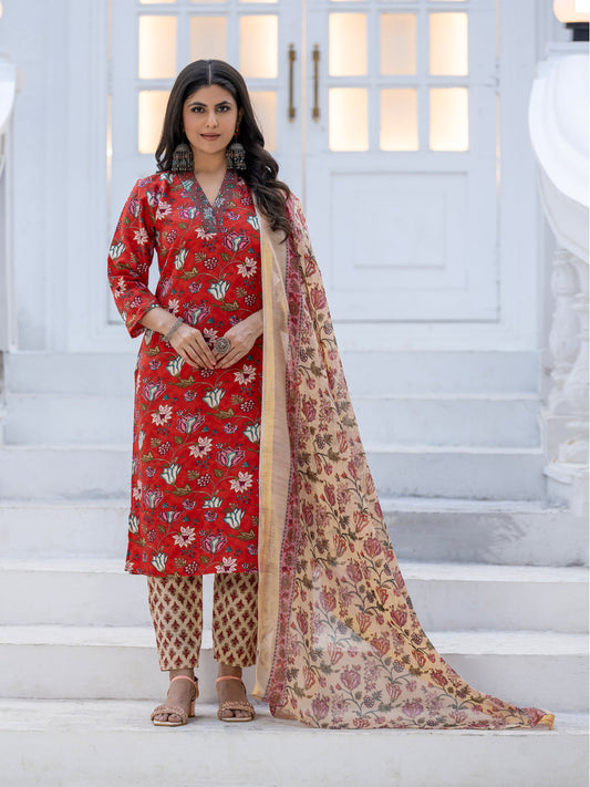 Jyoti Fashion Women's Red Rayon Print with Thread Designer Kurta Set with Dupatta - Swadesiicart