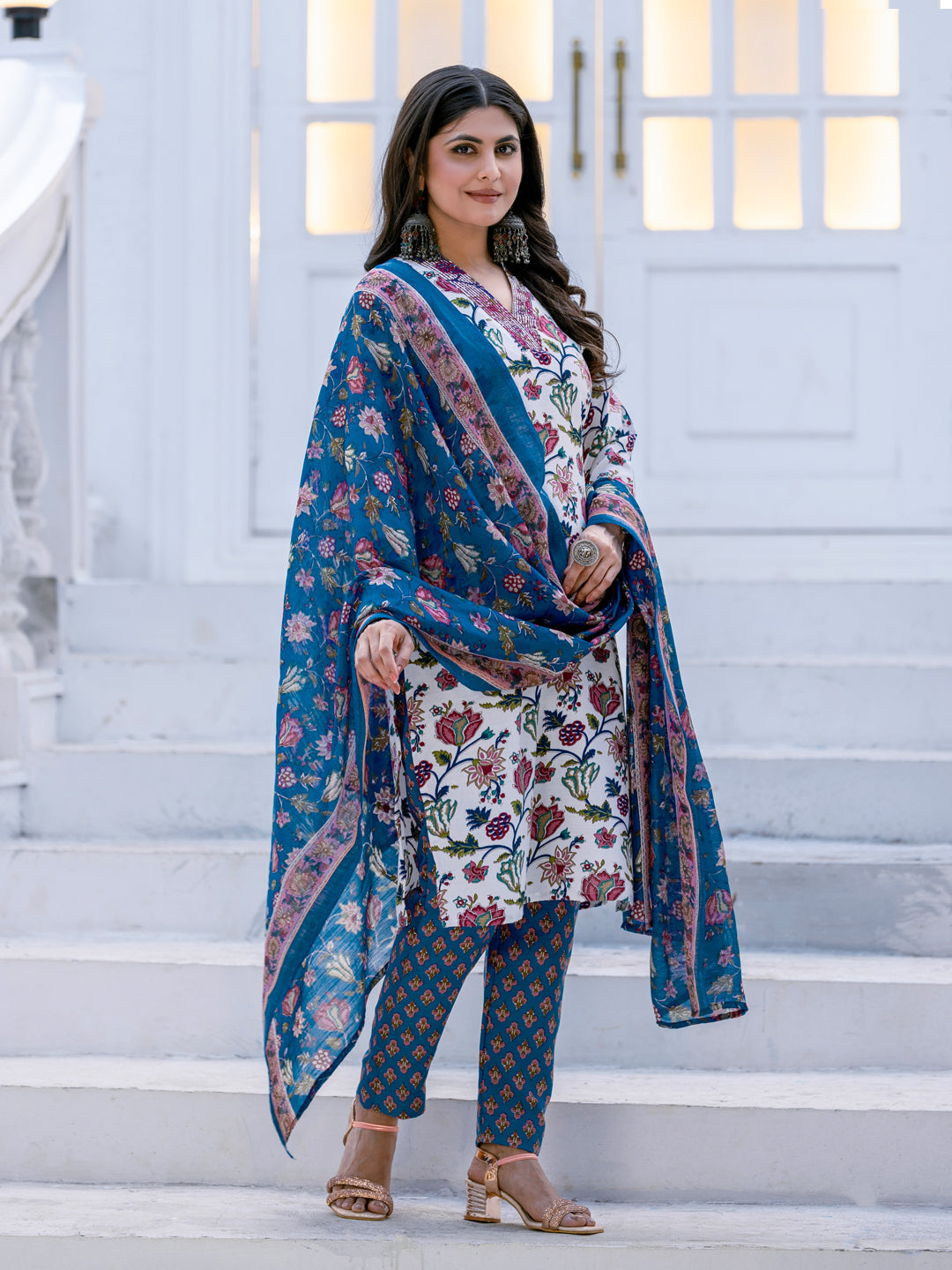 Jyoti Fashion Women's White Rayon Print with Thread Designer Kurta Set with Dupatta - Swadesiicart