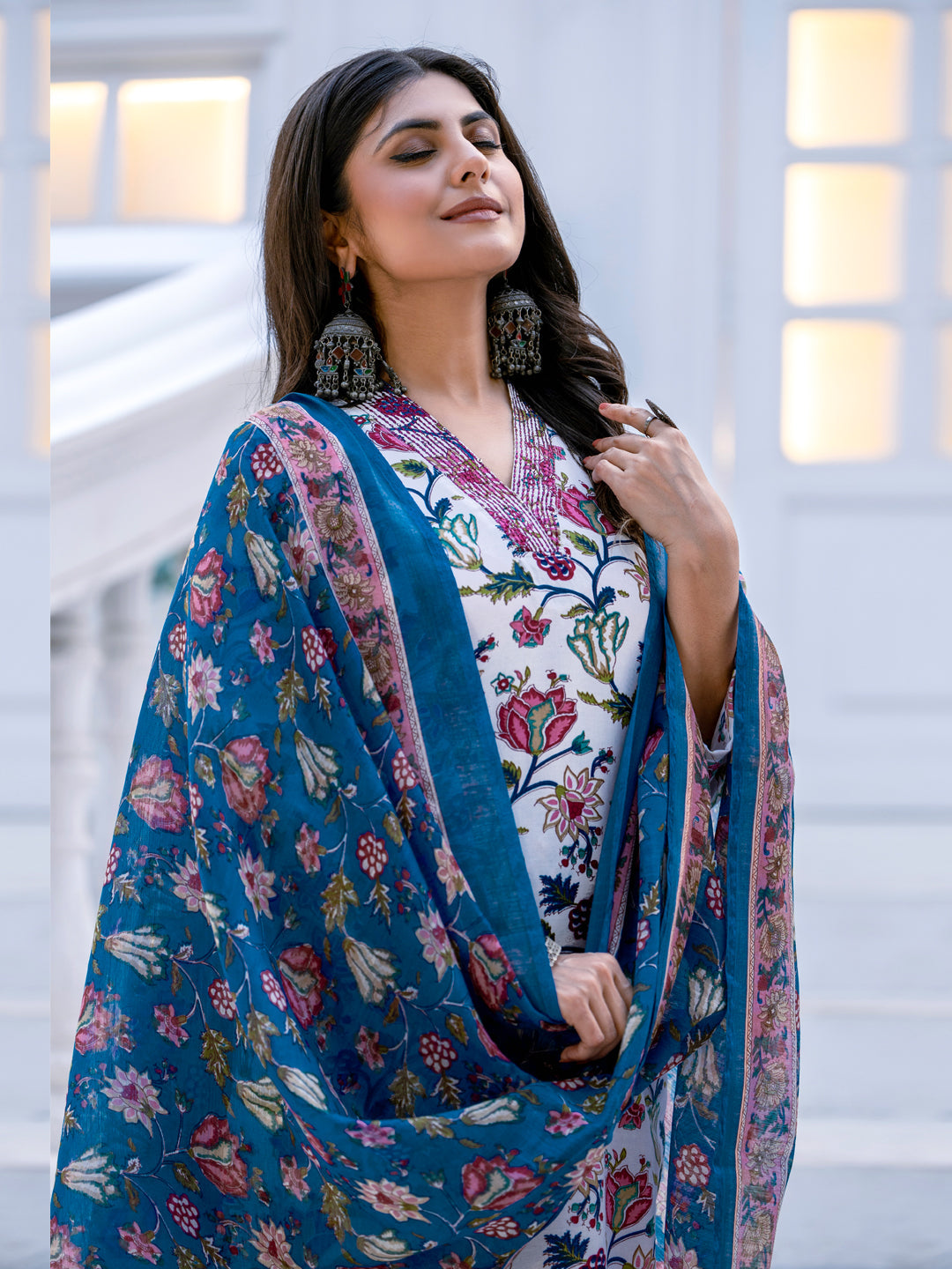 Jyoti Fashion Women's White Rayon Print with Thread Designer Kurta Set with Dupatta - Swadesiicart