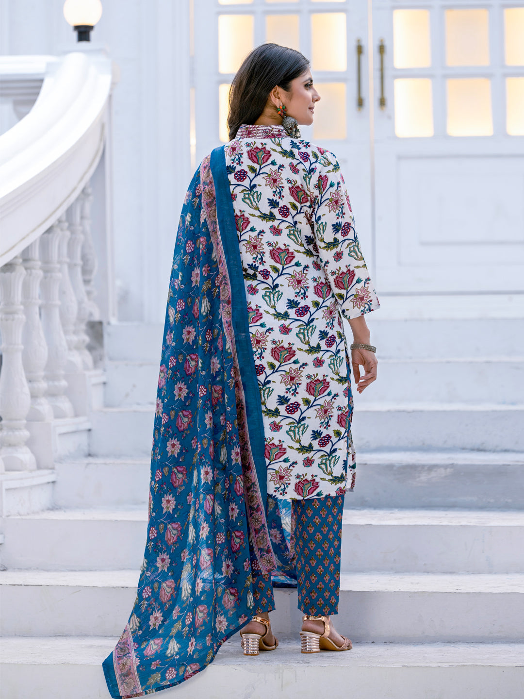 Jyoti Fashion Women's White Rayon Print with Thread Designer Kurta Set with Dupatta - Swadesiicart