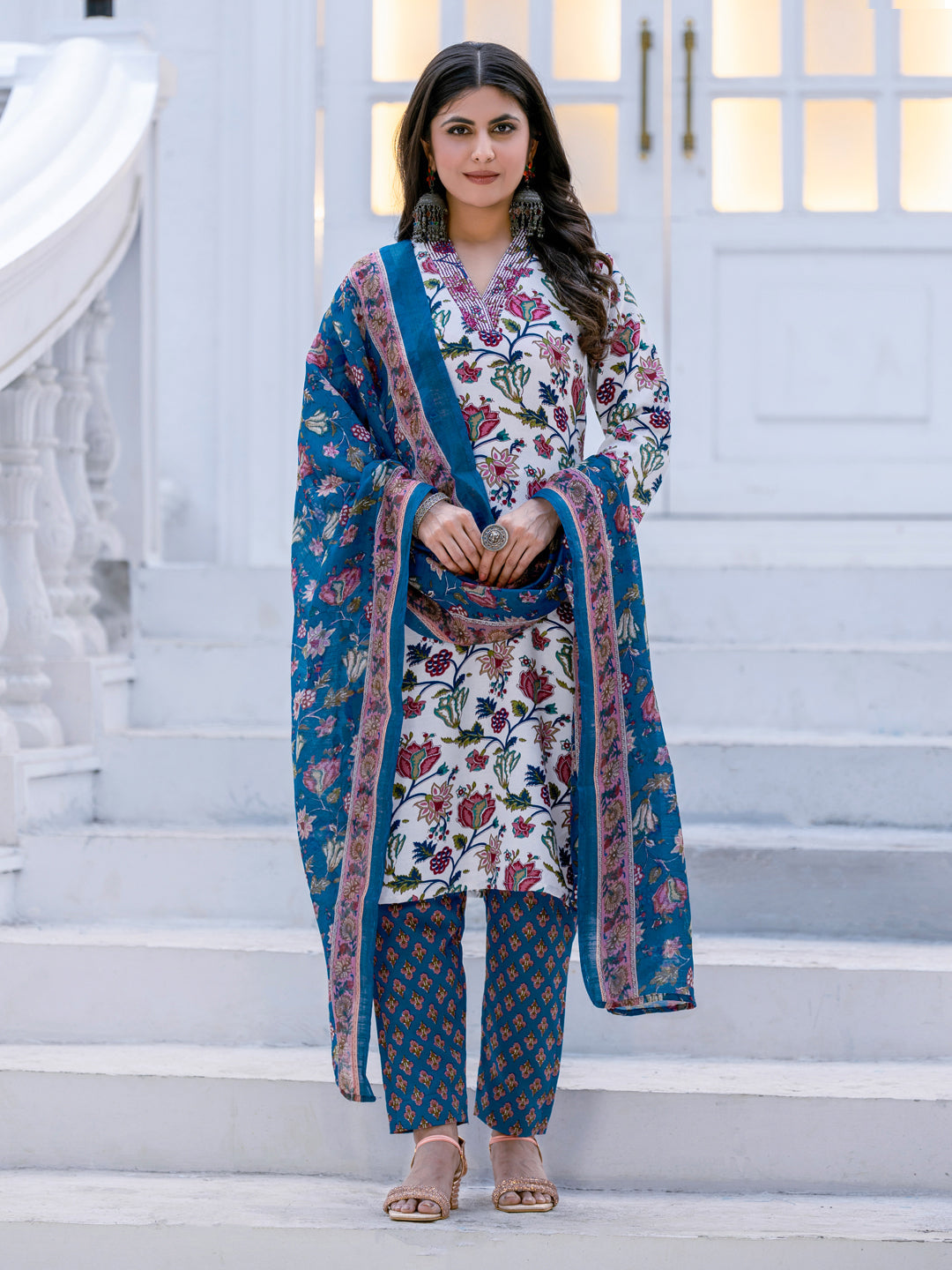Jyoti Fashion Women's White Rayon Print with Thread Designer Kurta Set with Dupatta - Swadesiicart