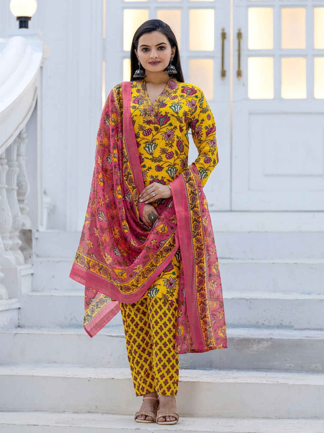 Jyoti Fashion Women's Yellow Rayon Print with Thread Designer Kurta Set with Dupatta - Swadesiicart