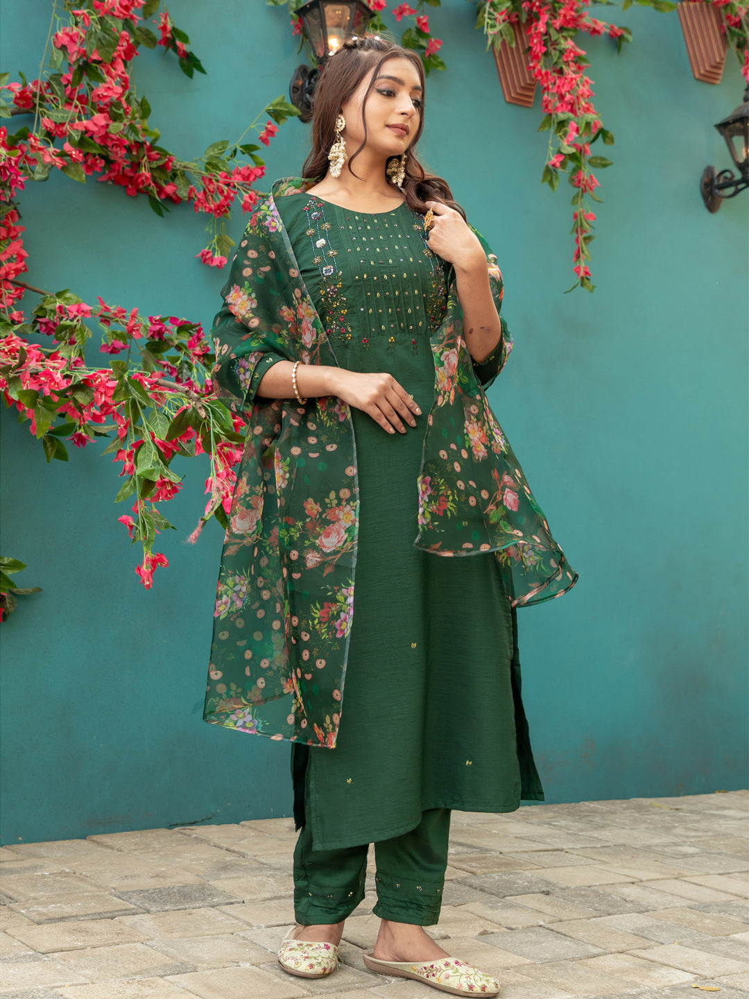 Jyoti Fashion Women's Bottle Green Silk Handwork Designer Kurta Set with Dupatta | Swadesiicart
