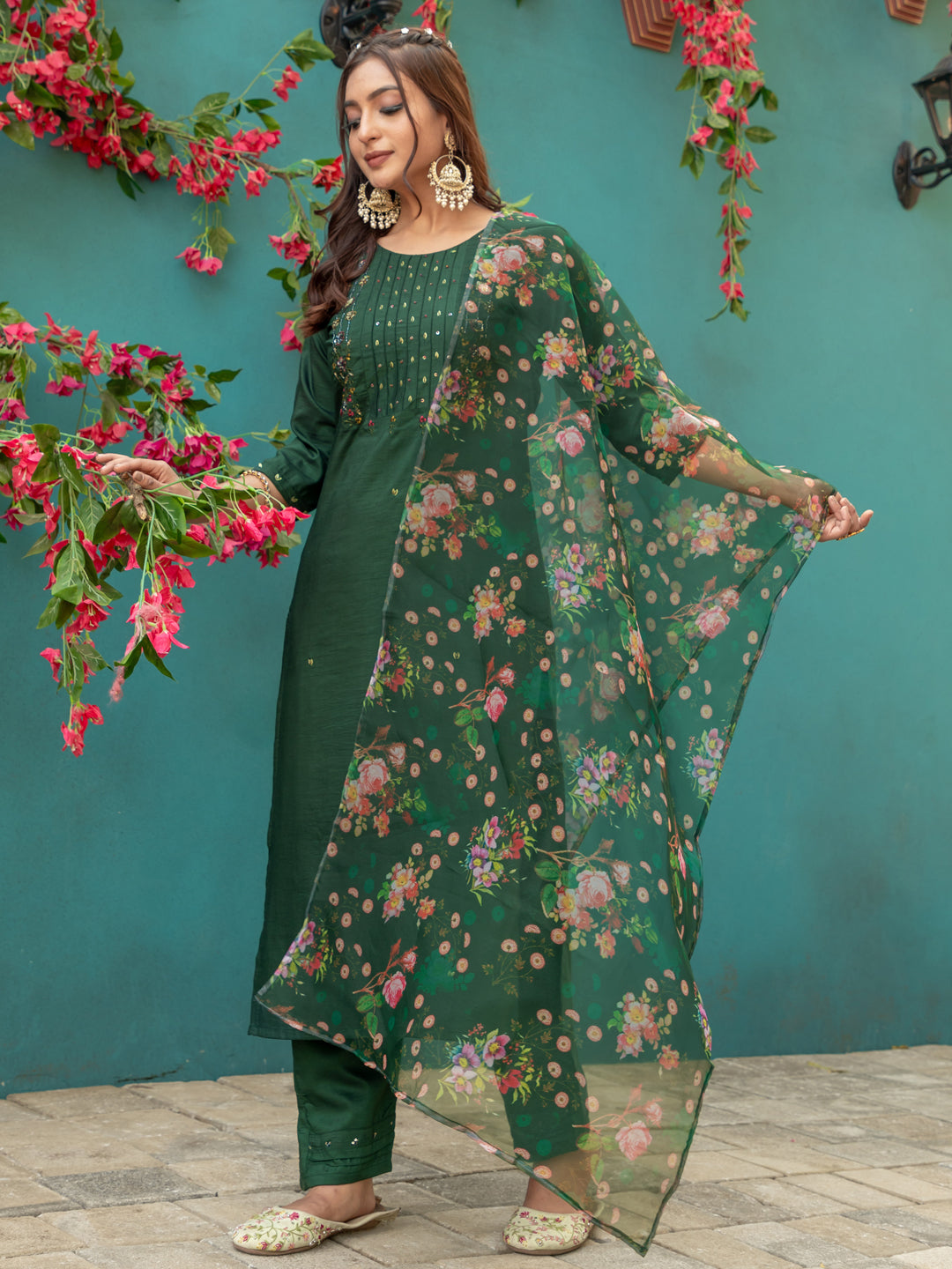 Jyoti Fashion Women's Bottle Green Silk Handwork Designer Kurta Set with Dupatta | Swadesiicart