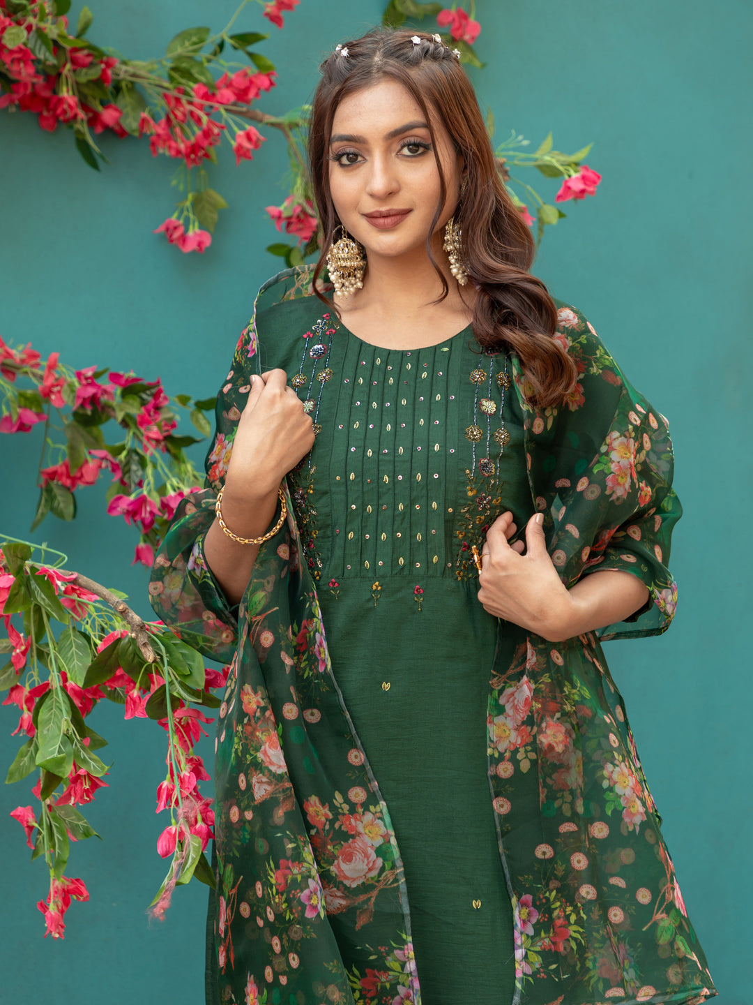 Jyoti Fashion Women's Bottle Green Silk Handwork Designer Kurta Set with Dupatta | Swadesiicart