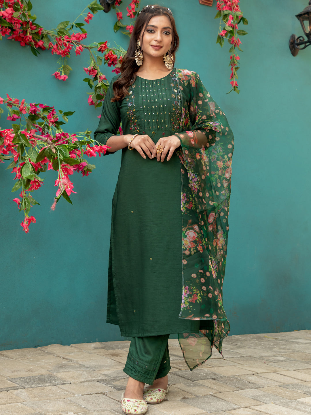Jyoti Fashion Women's Bottle Green Silk Handwork Designer Kurta Set with Dupatta | Swadesiicart