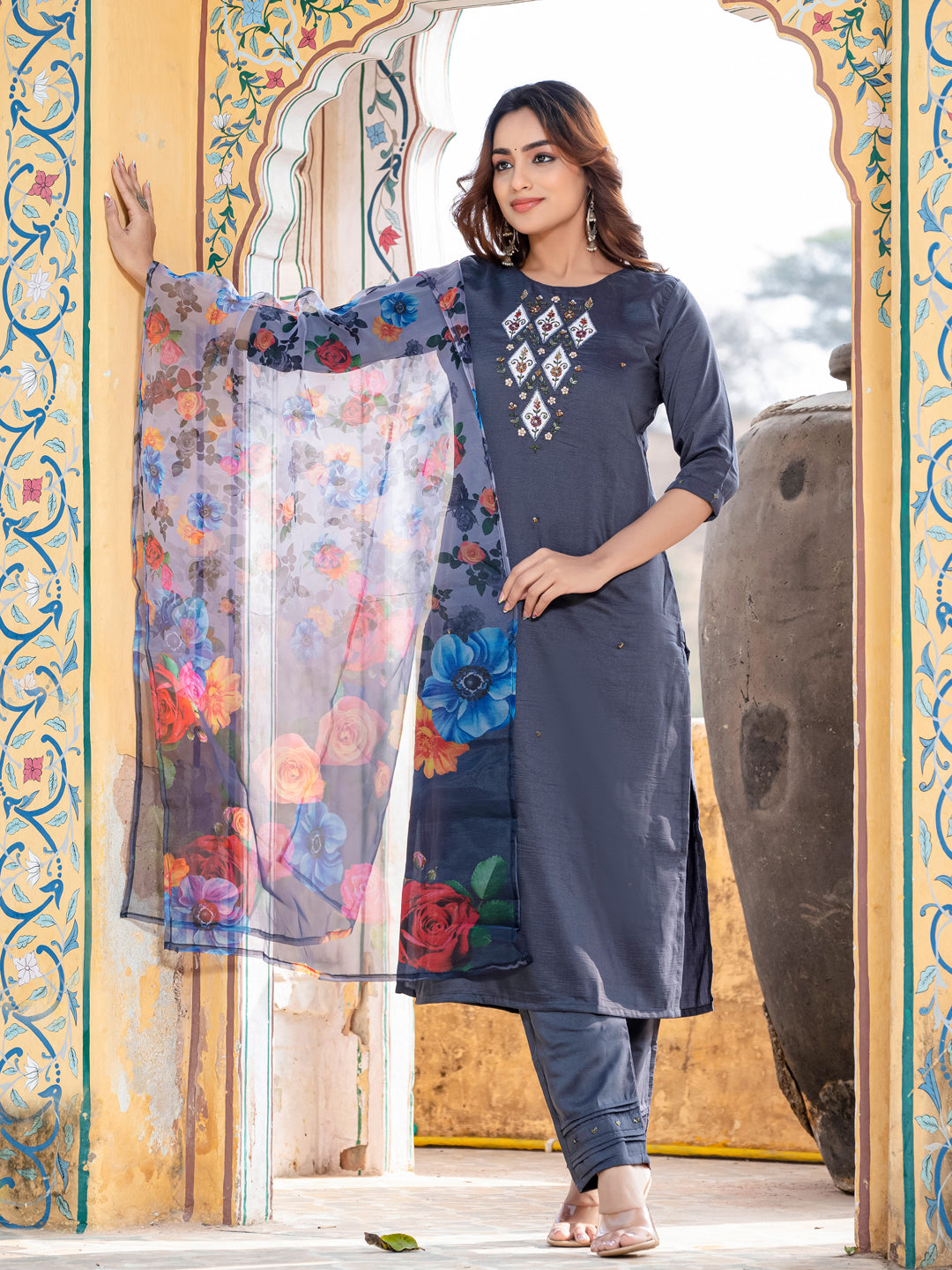 Jyoti Fashion Women's Gray Silk Handwork Designer Kurta Set with Dupatta | Swadesiicart