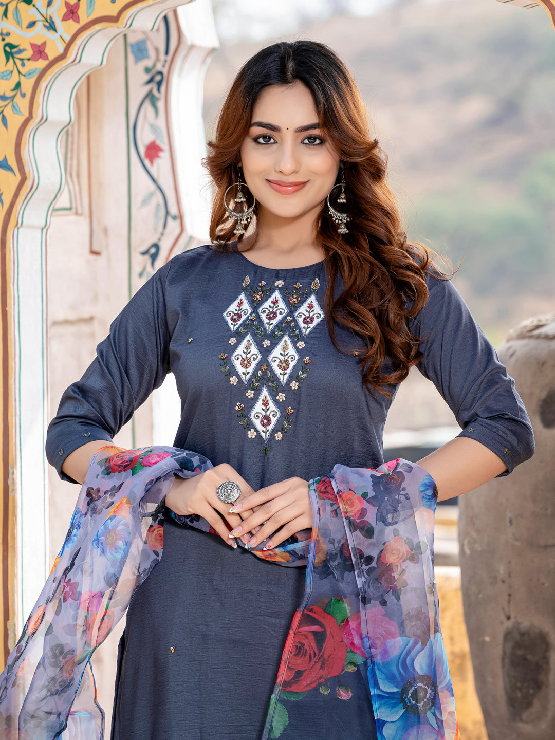 Jyoti Fashion Women's Gray Silk Handwork Designer Kurta Set with Dupatta | Swadesiicart